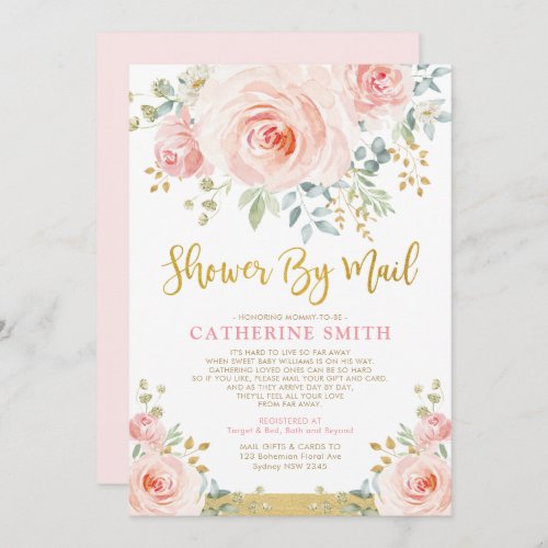 Pretty Blush Pink Floral Girl Baby Shower By Mail Invitation