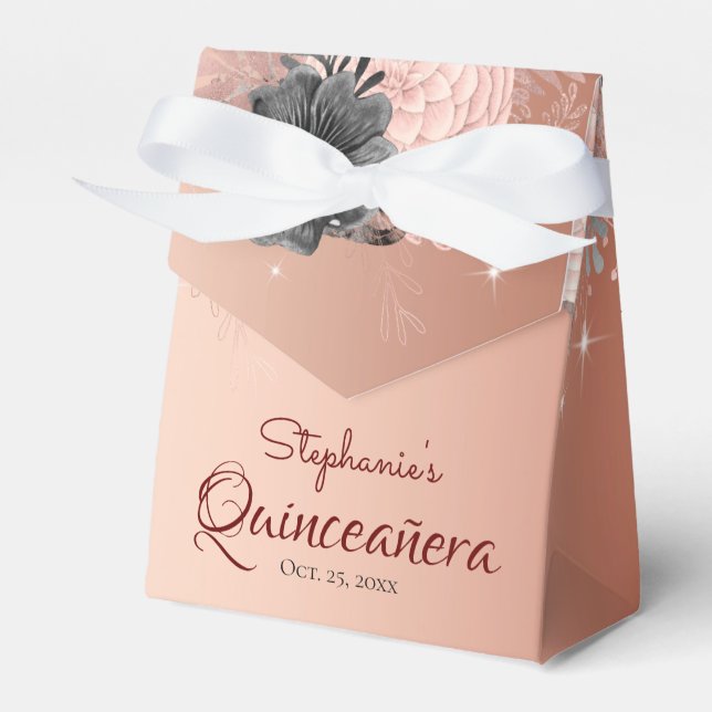 Pretty Blush Pink Floral Quinceanera Favor Boxes (Front Side)