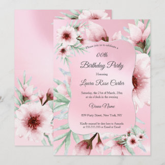 Pretty Blush Pink floral Silver Birthday Party Invitation