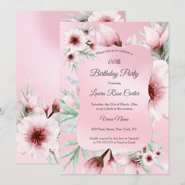 Pretty Blush Pink floral Silver Birthday Party Invitation (Front/Back)