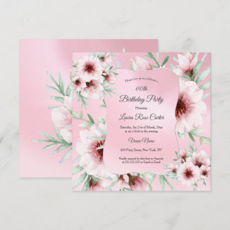 Pretty Blush Pink floral Silver Birthday Party Invitation