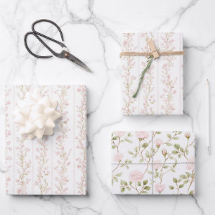 Pretty Blush Pink Floral Stripes Bridal Shower Wrapping Paper Sheets