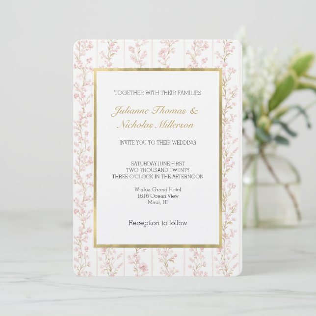 Pretty Blush Pink Floral Stripes Wedding Invitation (Standing Front)
