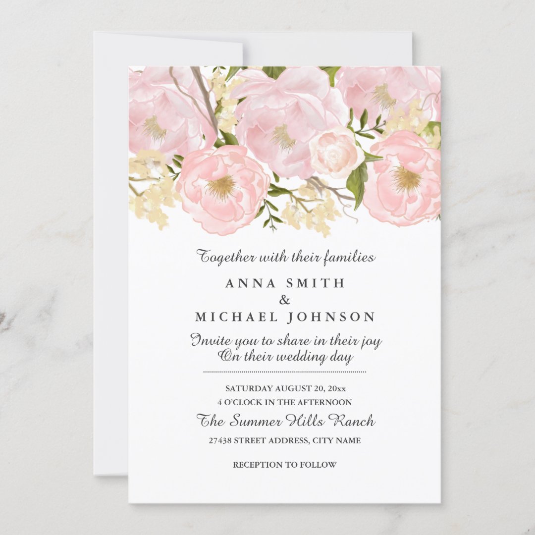 Pretty Blush Pink Floral Wedding Invitation | Zazzle