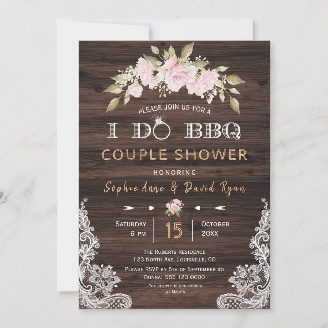 Pretty Blush Pink Floral Wood I DO BBQ Invitation (Front)