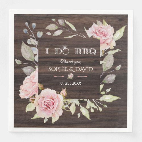 Pretty Blush Pink Floral Wood I DO BBQ Paper Dinner Napkins