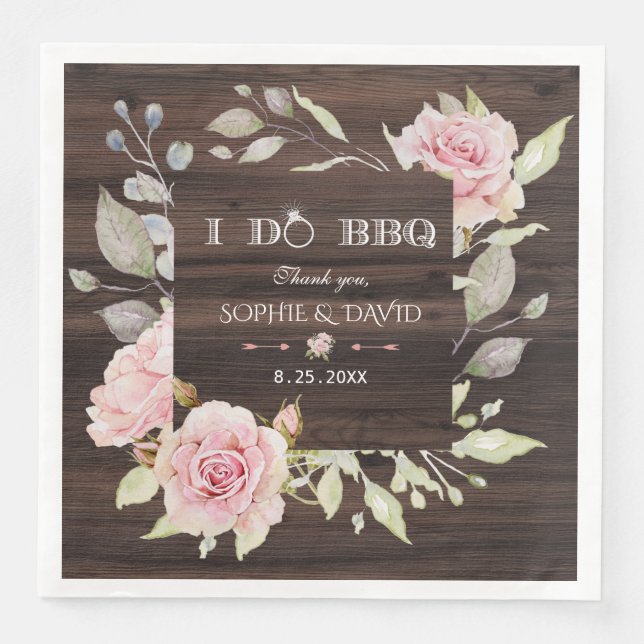 Pretty Blush Pink Floral Wood I DO BBQ Paper Dinner Napkins (Front)