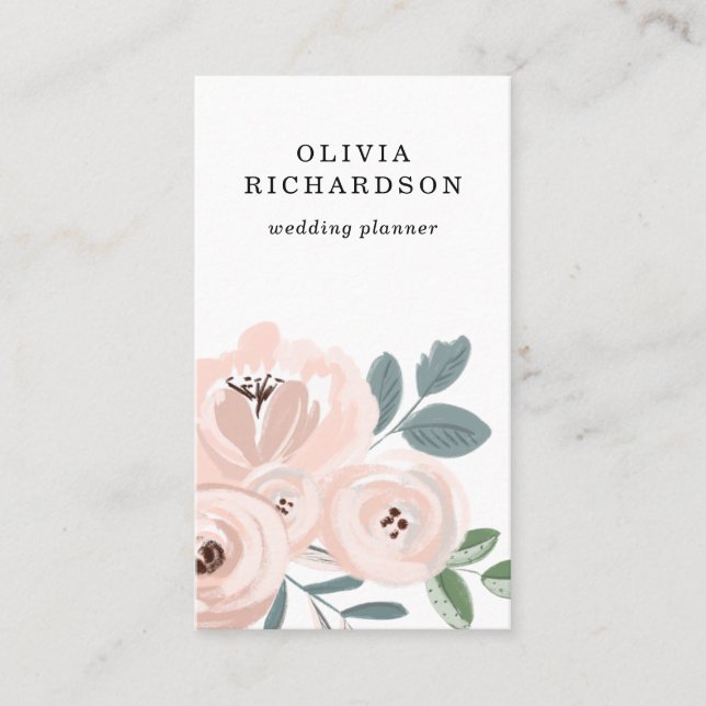 Pretty Blush Pink Flowers and Dusty Blue Leaves Business Card (Front)