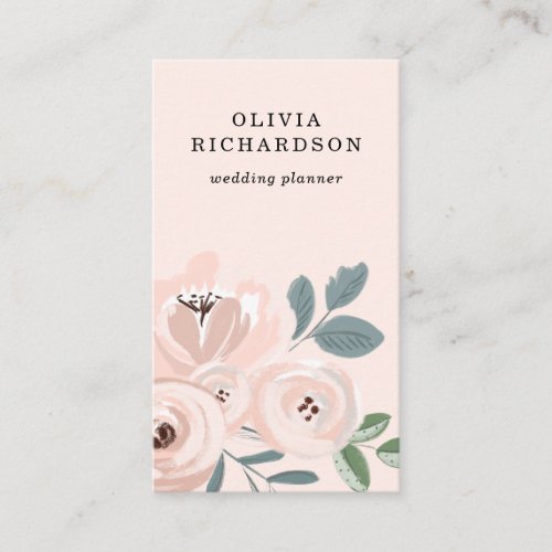 Pretty Blush Pink Flowers and Dusty Blue Leaves Business Card