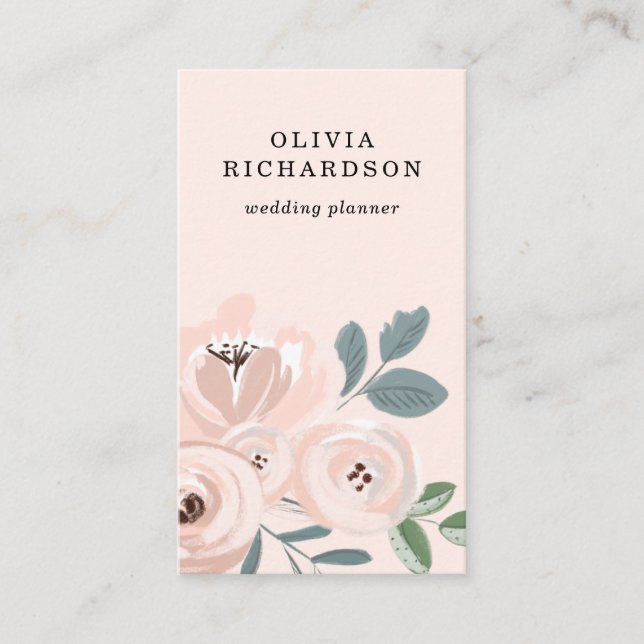 Pretty Blush Pink Flowers and Dusty Blue Leaves Business Card (Front)