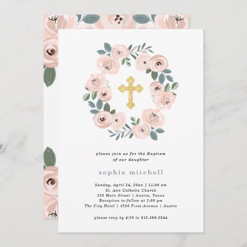Pretty Blush Pink Flowers and Gold Cross  Baptism Invitation