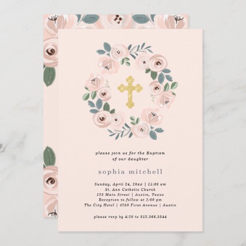 Pretty Blush Pink Flowers and Gold Cross  Baptism Invitation