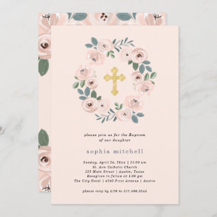 Pretty Blush Pink Flowers and Gold Cross Baptism Invitation