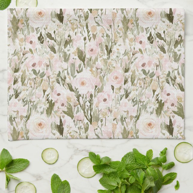 Pretty Blush Pink Flowers Kitchen Towel (Folded)