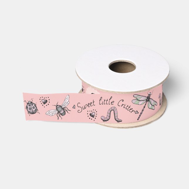 Pretty Blush Pink Girly Insect Monogram Baby Girl Grosgrain Ribbon (Spool)