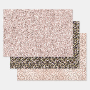 Pretty Blush Pink Glitter Gold Leopard      Wrapping Paper Sheets