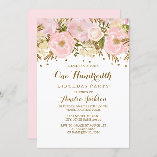 Pretty Blush Pink Gold Floral 100th Birthday Invitation