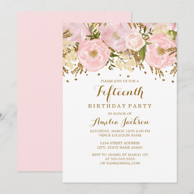 Pretty Blush Pink Gold Floral 15th Birthday Invitation (Front/Back)