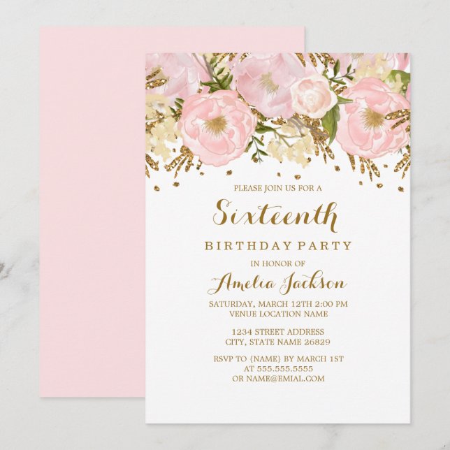 Pretty Blush Pink Gold Floral 16th Birthday Invitation (Front/Back)