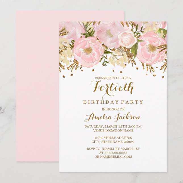Pretty Blush Pink Gold Floral 40th Birthday Invitation (Front/Back)