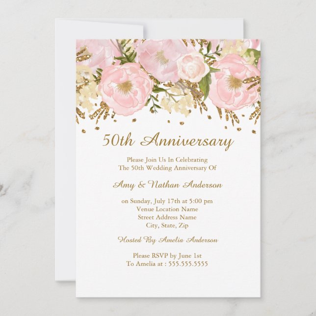 Pretty Blush Pink Gold Floral 50th Anniversary Invitation (Front)