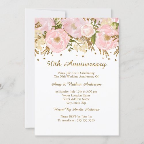 Pretty Blush Pink Gold Floral 50th Anniversary Invitation