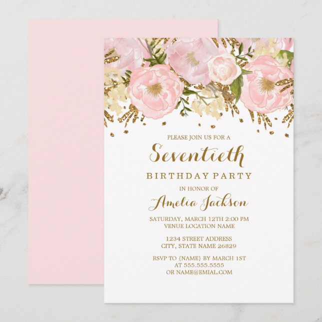 Pretty Blush Pink Gold Floral 70th Birthday Invitation (Front/Back)