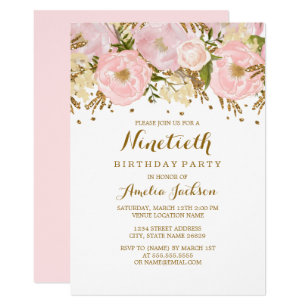 90th Pink Gold Birthday Invitations Zazzle Pretty Blush Pink Gold Fl 90th Birthday Invitation