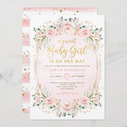 Pretty Blush Pink Gold Floral Baby Girl Shower Invitation