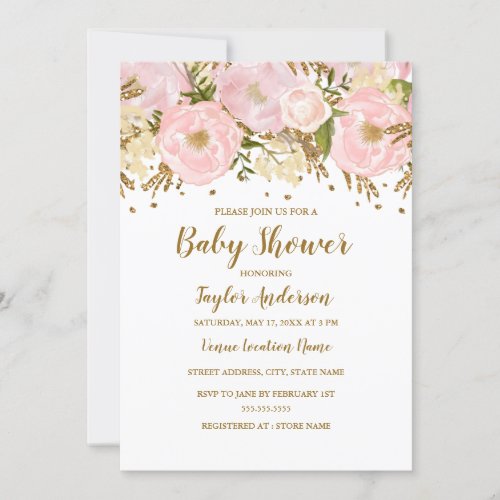 Pretty Blush Pink Gold Floral Baby Shower Invitation