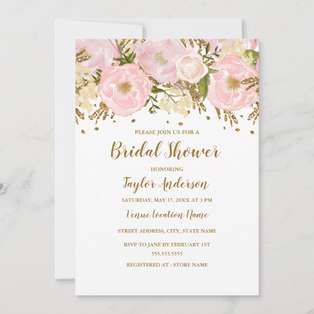 Pretty Blush Pink Gold Floral Birdal Shower Invitation (Front)