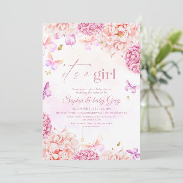 Pretty Blush pink gold Floral Garden Baby Shower Invitation (Standing Front)