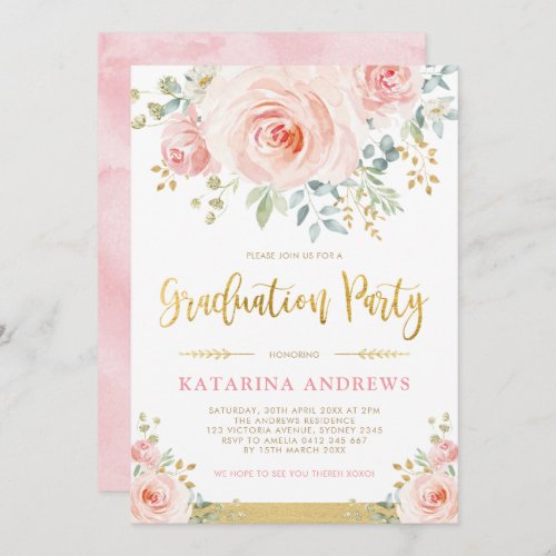 Pretty Blush Pink Gold Floral Graduation Party Invitation