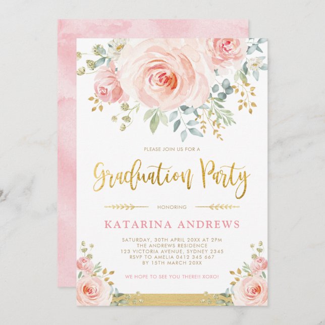 Pretty Blush Pink Gold Floral Graduation Party Invitation (Front/Back)