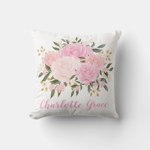 Pretty Blush Pink Gold Floral Greenery Baby Girl Throw Pillow