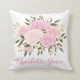 Pretty Blush Pink Gold Floral Greenery Baby Girl Throw Pillow