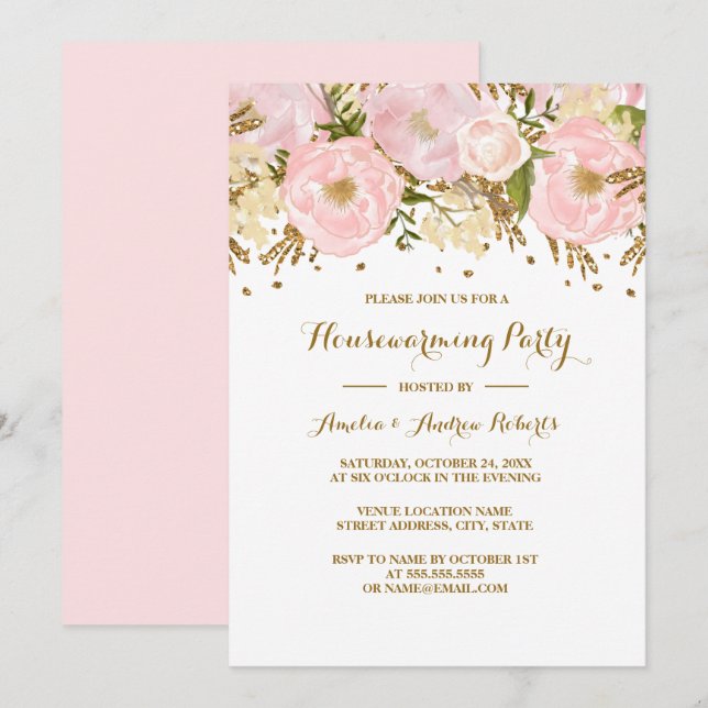 Pretty Blush Pink Gold Floral Housewarming Party Invitation (Front/Back)