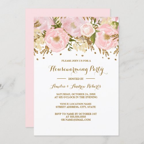 Pretty Blush Pink Gold Floral Housewarming Party Invitation