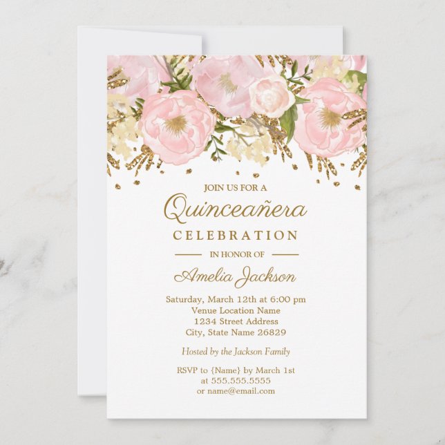 Pretty Blush Pink Gold Floral Quinceanera Invitation (Front)