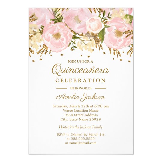 pretty blush pink gold floral quinceanera invitation zazzle com