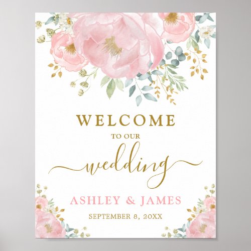 Pretty Blush Pink Gold Floral Wedding Welcome Poster