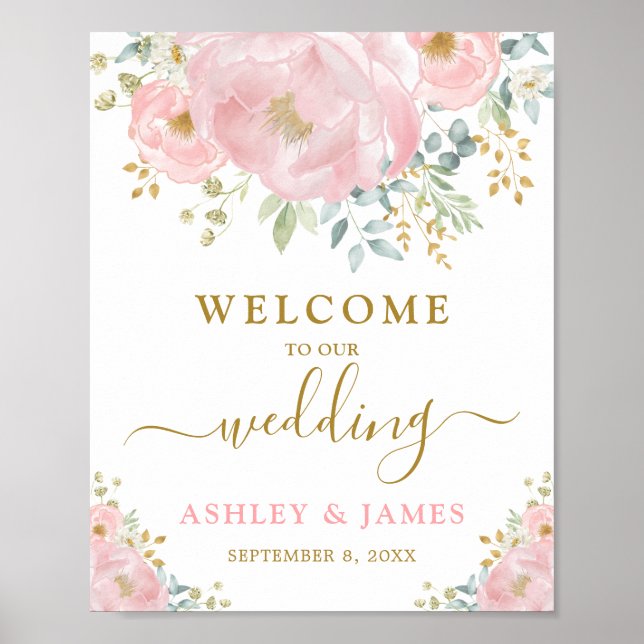 Pretty Blush Pink Gold Floral Wedding Welcome Poster (Front)