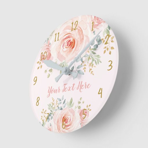 Pretty Blush Pink Gold Rose Floral Round Clock | Zazzle