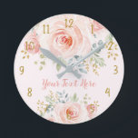 Pretty Blush Pink Gold Rose Floral Round Clock<br><div class="desc">This feminine design features gorgeous watercolor blush pink roses with gold leaf accents</div>