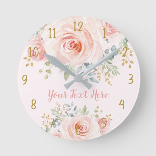 Pretty Blush Pink Gold Rose Floral Round Clock