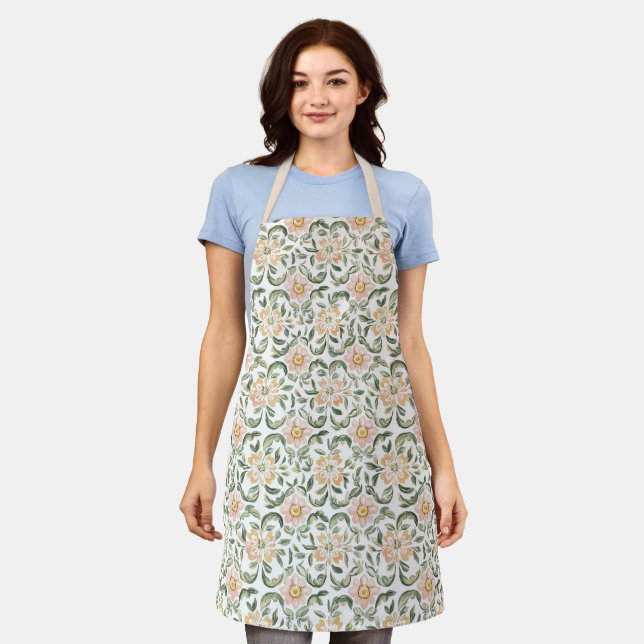 Pretty Blush Pink Green Leaves Floral   Apron (Worn)