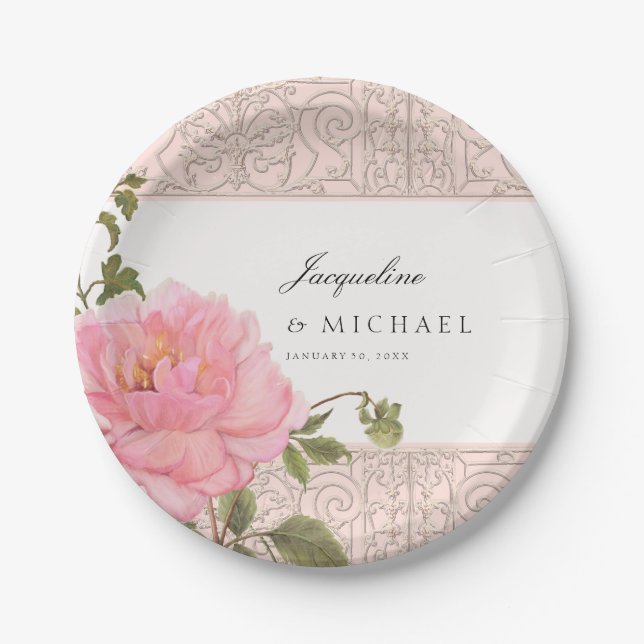 Pretty Blush Pink Grey Peony Swirl Scroll Wedding Paper Plates (Front)