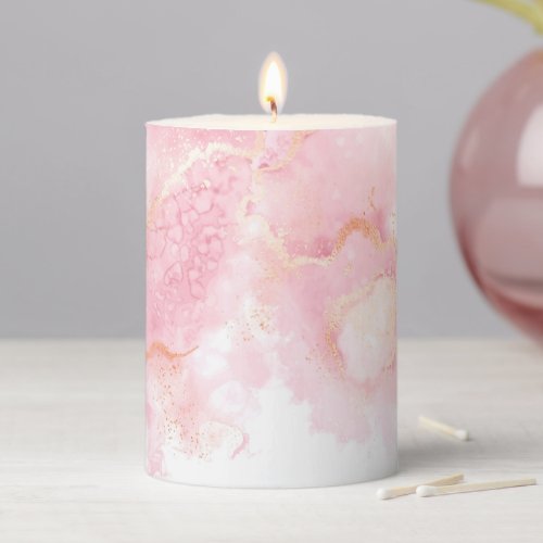 Pretty Blush Pink Marble Agate with Gold Ribbon Pillar Candle