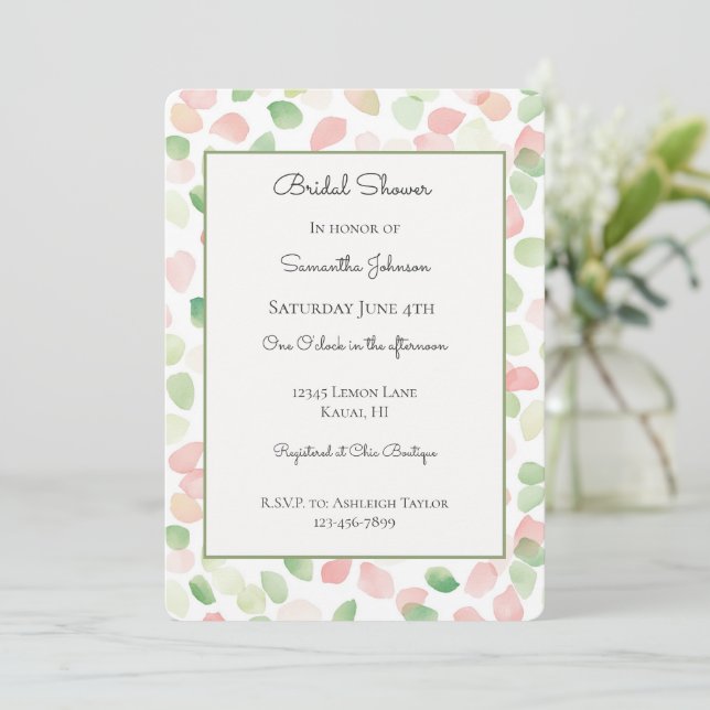Pretty Blush Pink Mint Flower Petals Bridal Shower Invitation (Standing Front)
