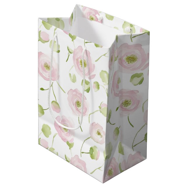 Pretty Blush Pink Mint Flowers Bridal Shower Medium Gift Bag (Front Angled)